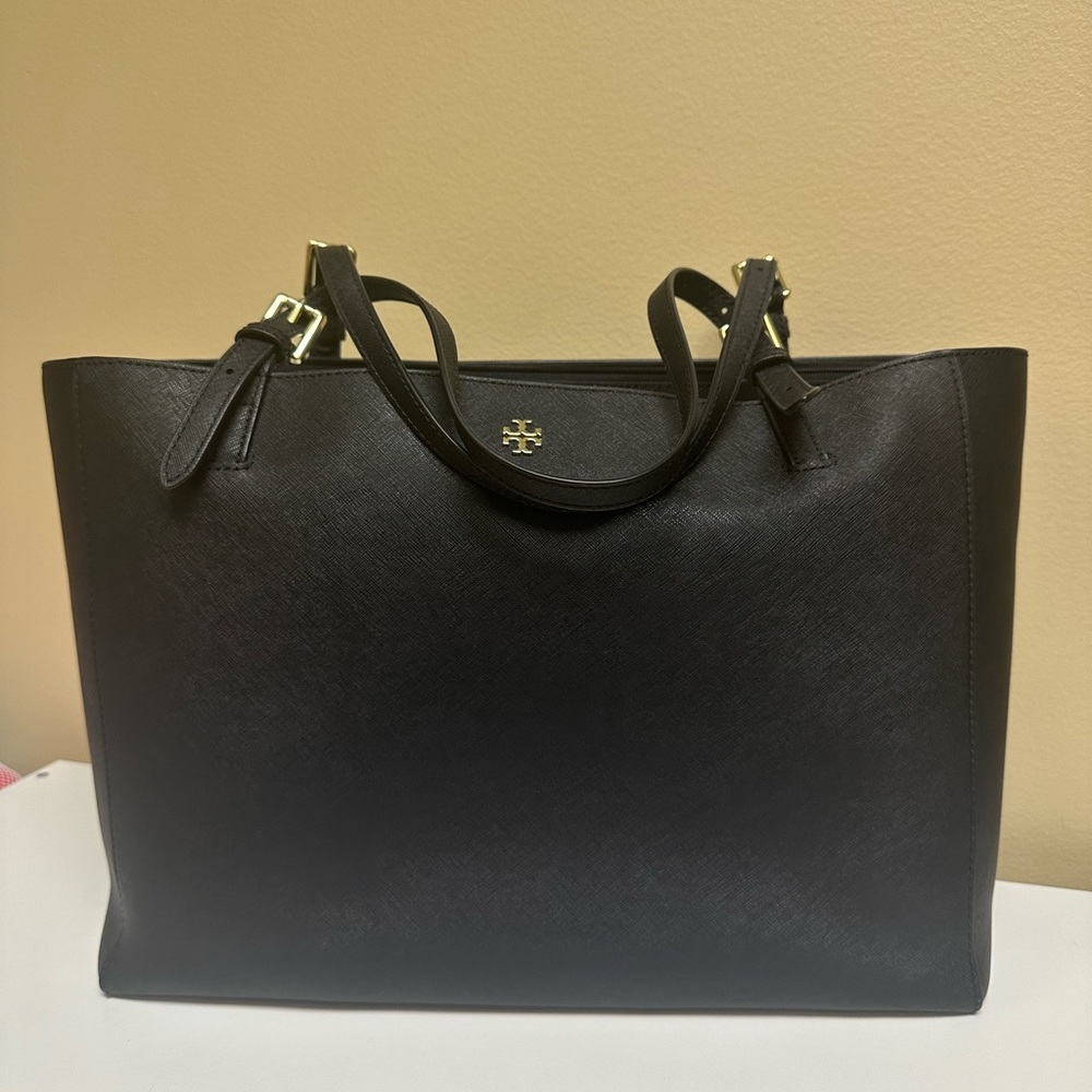 BRAND NEW Tory Burch Black Leather Tote with Gold Accents